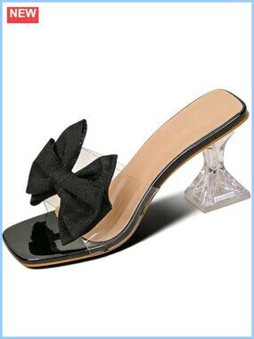 Clear Bowknot Chunky High Heel Slide Sandals Square Open Toe Mule